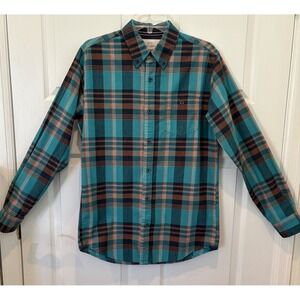 Weatherproof Vintage Shirt Men Small Aqua Plaid Flannel Button Long Sleeve